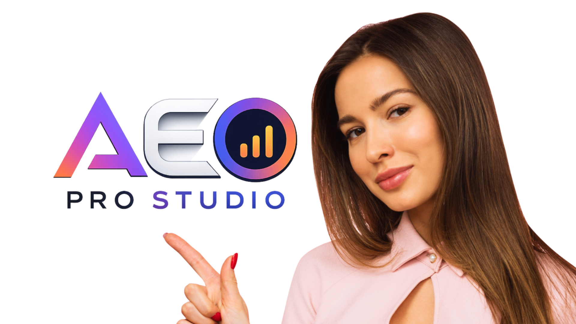 AEO Pro Studio presenter pointing to the AEO Pro Studio identity