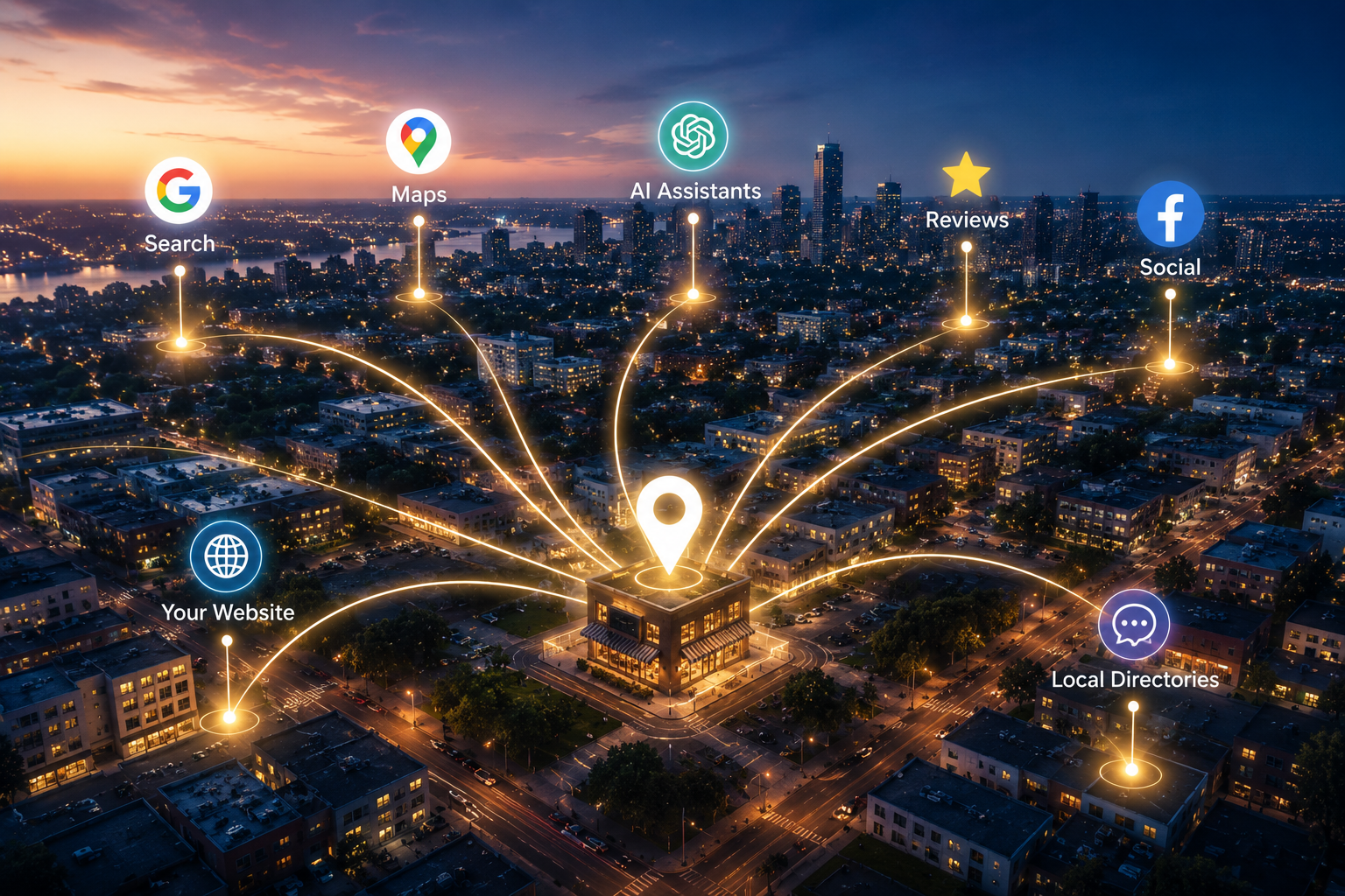 A connected city view showing how a business is discovered through search, maps, AI assistants, reviews, social media, and local directories