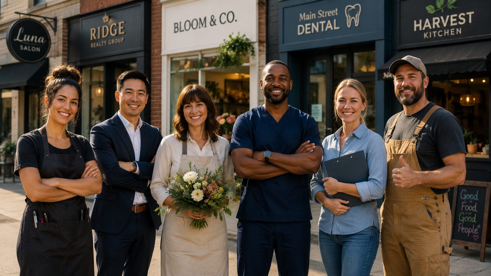 A diverse group of local business owners representing service, retail, healthcare, hospitality, and property businesses