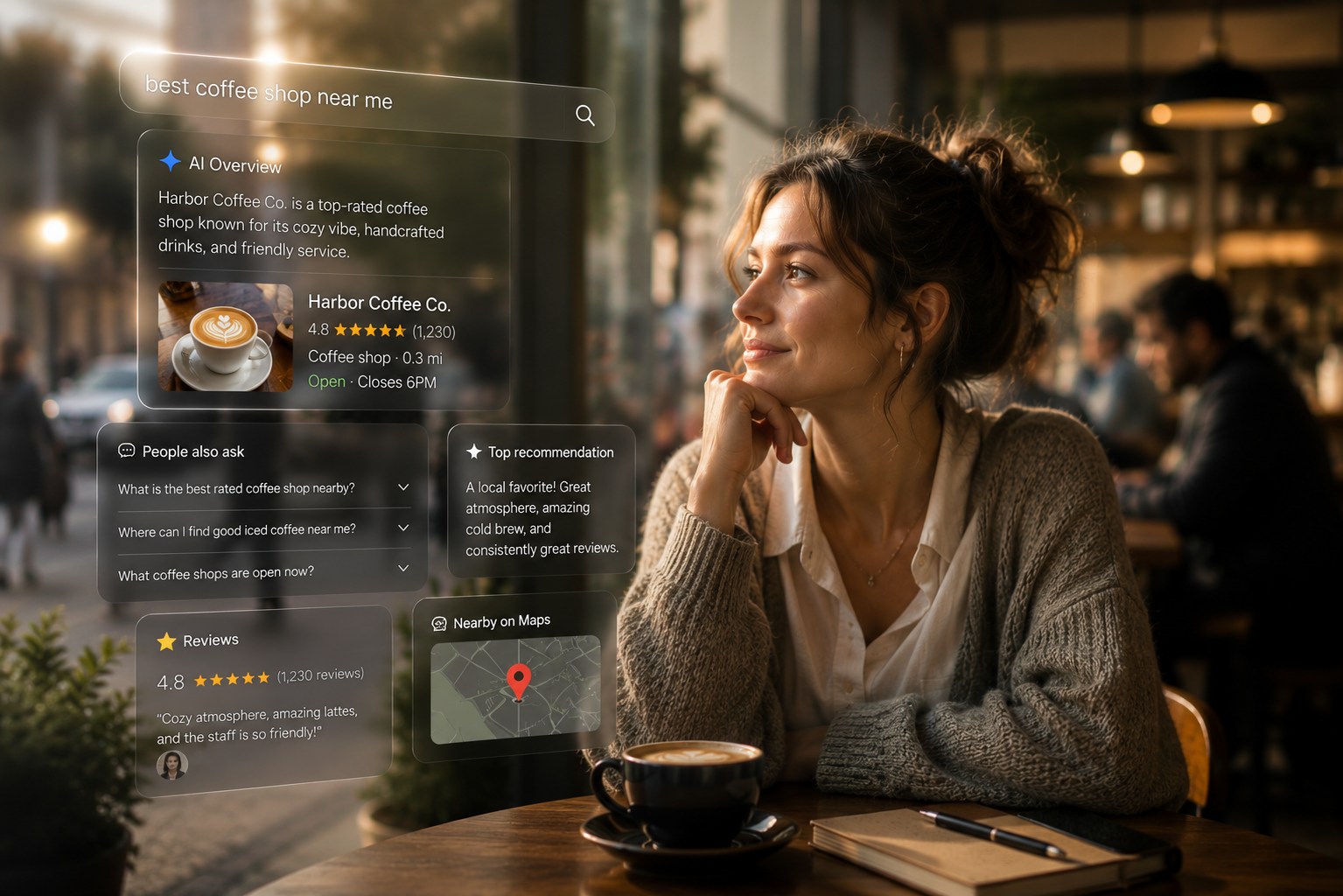A customer discovering a coffee shop through AI search, reviews, questions, and maps